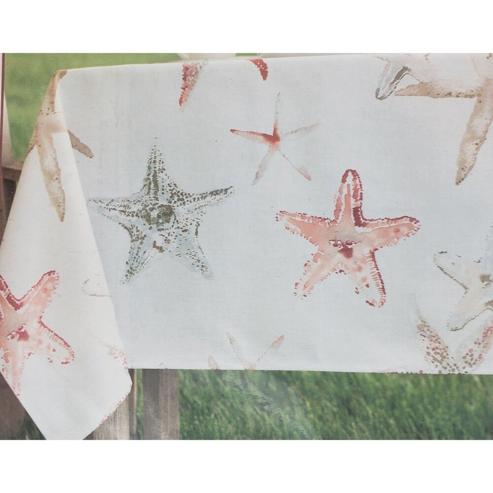 Printed Spillproof Fabric Tablecloth, 52"x70" Oblong, SEALIFE,STARFISH,SANDY,BM